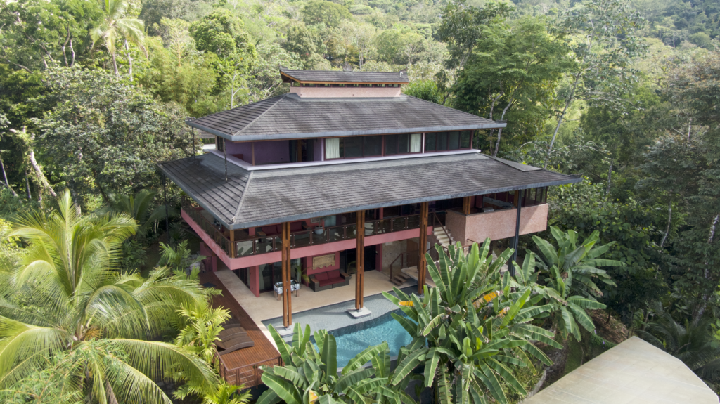 Aerial drone view of Costa Rica land and farm