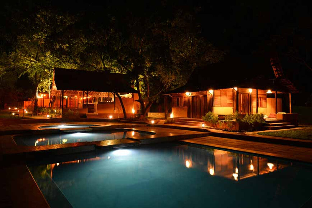 Pool at night at Samata retreat center, Goa